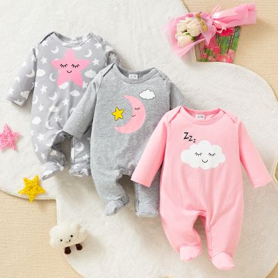 3pcs Newborn Baby's Cartoon Moon & Cloud Pattern Footed Bodysuit, Casual Comfy Long Sleeve Romper, Toddler & Infant Girl's Onesie, As Gift