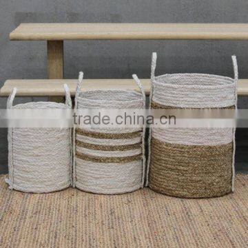 High quality best selling eco-friendly Set of 3 Sea Grass Round Basket with woven handles, white color from Vietnam