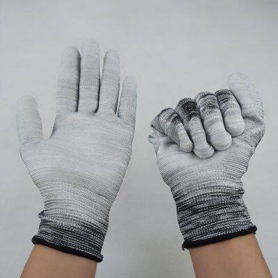 Striped Wave Black and White Polyester 13 Gauge Knitted pu Palm Coated Anti-static Safety Work Gloves photo-3