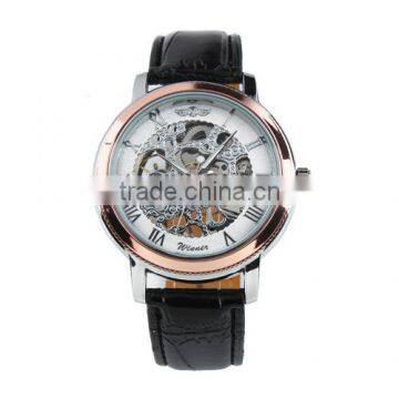 ESS Men's Black Leather Rose Golden Case Skeleton Hand-Wind Up Mechanical Watch WM203