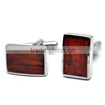 Stainless Steel & Red Wood Rectangle Cufflinks for Men with Gift Box