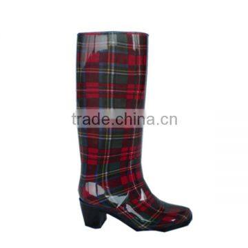 ladies plaid print high heel PVC rain boots non-slip durable plastic shoes