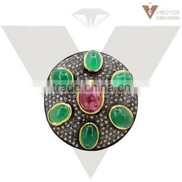 925 Sterling Silver Gemstone Ring Wholesale Emerald & Pink Tourmaline Ring Gemstone White Pave Diamond New Design Jewelry