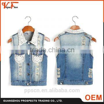 Cheap new style comfortable mesh blue lace women denim vest jacket for lady