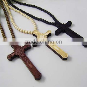 Wooden Cross Pendant with a 36 Inch Wood Beaded Necklace Chain