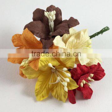 Lily Fall Theme Brown Tangerine Yellow Orange Red Handmade Mulberry Paper Flower, Thanksgiving, Scrap-booking Crafts, Wholesale