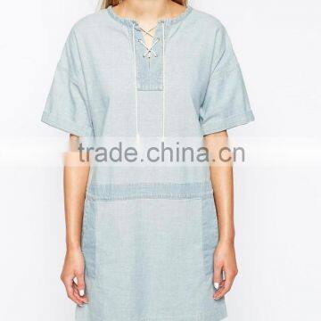 Short Sleeve Tassel Tie Neckline Denim Dress photo-4