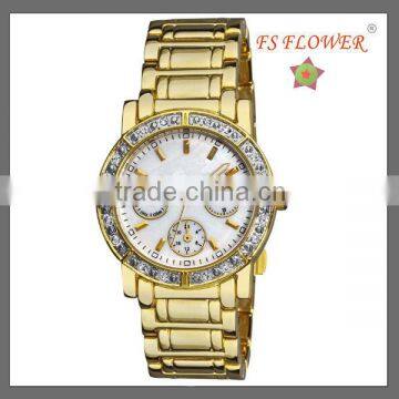 2014 New Trendy Fashion Watch All Gold Stainless Steel Watch Strap Women's Chrono Diamond Watch