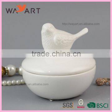 Unique White Round Shaped Ceramic Custom Jewelry Box With Bird