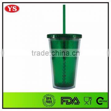 16 Ounce Double Wall Diamond Plastic Souvenir Mug With Straw