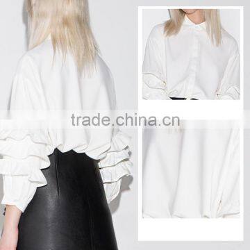 Women's White Stand Collar Roll-up Sleeve Long Blouse photo-6