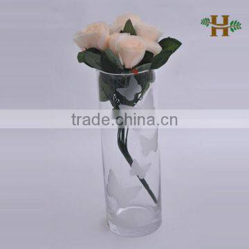 Handmade clear carved butterfly glass vase, cylinder shaped simple home decoration glassware