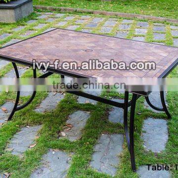 metal ceramic tile rectanguler dining table 6-seating in cast aluminum with umbrella hole assembly design #IVY14209