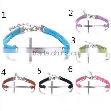 Long cross connector charm suede leather bracelet diy cheap handmade cross leather knotted bracelets for her gifts