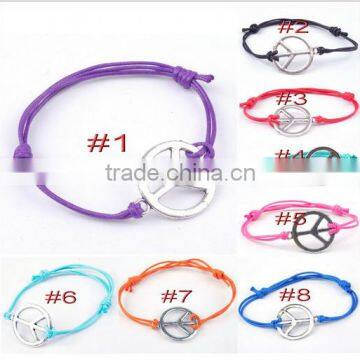 hot sales handmade wax cord peace sign charm bracelet diy cheap cord woven knotted bracelets for promotion items