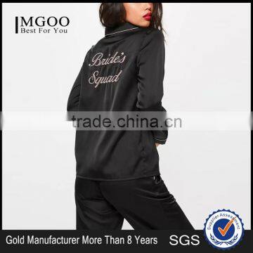 Custom Logo Back Embroideried Pajama Set White Piping Long Pajama Set Black Long Sleeve Top With Long Pants Nightwear