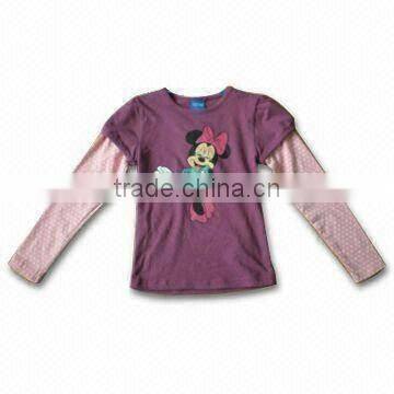 Children's Long-sleeved T-shirt with Printing on Chest, Made of 100% Cotton Single Jersey