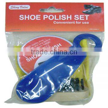 Instant shoe shine set including polish cream and brush and sponge