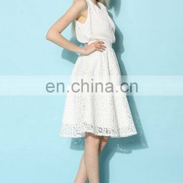 Women Slim Girl Sleeveless Chiffon Lace Pleats Posies White Top Blouse photo-5