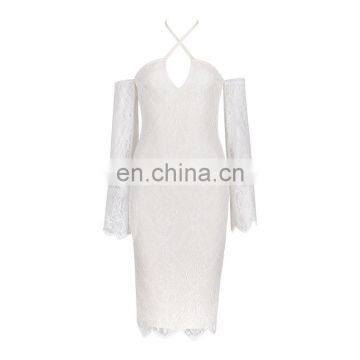 Dropshipping Clothing Sexy Long Sleeve Off Shoulder Lace Midi Bodycon Bandge Party Dress for Women photo-4