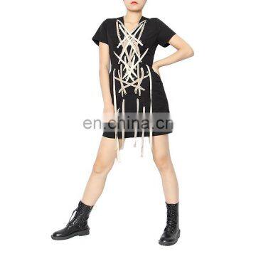 TWOTWINSTYLE Cross Bandage Black Dress Women V Neck Short Sleeve High Waist Drawstring