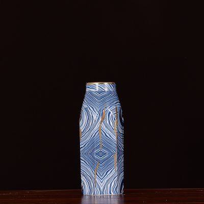 New Chinese Modern Simple Hexagon Electroplate Blue White Stripe Ceramic Vase For Indoor photo-4