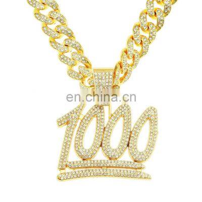 High Quality Hip Hop Digital Pendant Cuban Link Chain Necklace Jewelry 18K Gold Plated Diamond 1000 Point Necklace