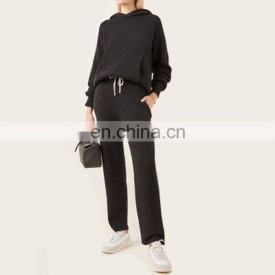 Women Outdoor Custom Cashmere Wool Knit Lounge Crop Hoodie Sets