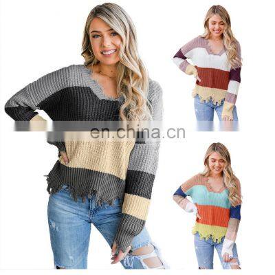 High Quality Winter Colorblock, Distressed Pullover Knit Women Loose Sweater/