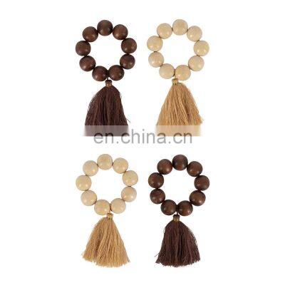 Home Accessories Table Wood Napkin Ring Macrame Beads Tassel Wooden Napkin Rings