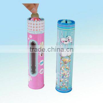 Cylinder kids saving box/round children money coin bank tin box