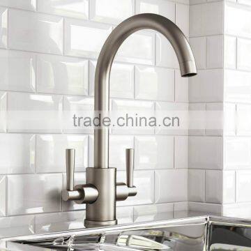 Commercial Double Handles Brushed Kitchen Mixer Taps, Swivel Spout Sink Kitchen Taps photo-2