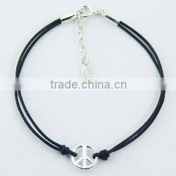 Leather Bracelet Shiny 925 Sterling Silver Peace Symbol