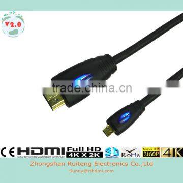 Low price HDMI 19pin A male to D male with Ethernet support 3D and 4K