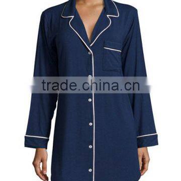 Wholesale Cheap Ladies Long Sleeves Modal Jersey Nightshirt With Tonal Piping and Patch Pocket Shirttail Hem photo-2