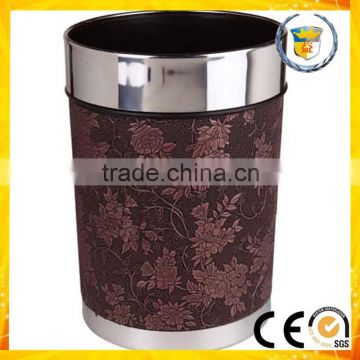 Top and bottom circle single layer leather covered round trash can