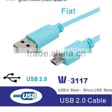 USB 2.0 Certified Type A Male to Micro-B 5 Cable, Nickel Plated,flat cable