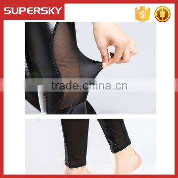 B432 Hot Sale Punk Style Net Yarn Meshed Imitation Leather Splicing Pants Black Sexy Stretch Leggings photo-3