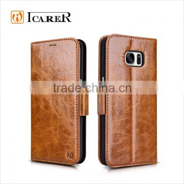 ICARER Oil Wax Real Leather Flip Wallet Case for Samsung Galaxy S7 Edge