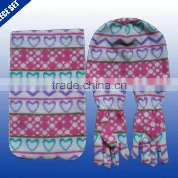 Best selling snow pattern printed soft polar fleece scarf/hat/gloves