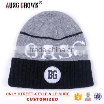 Custom acrylic cuff beanie knitted hat with custom patch