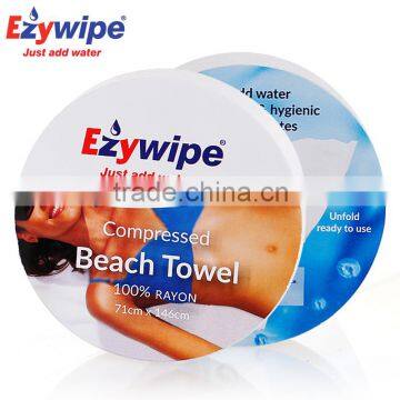 Promotional 100% Rayon Compressed Beach Towel for Sport/ Traveling