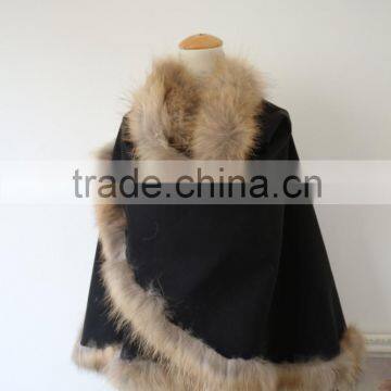 Graceful Natural Raccoon Fur Edge Cashmere Shawl Winter Fur Trim Pushmina Like Poncho Cape