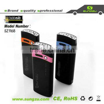 Sungzu factory USB real 2600mah mobile power bank with LED electric torch