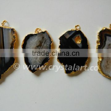 Black Banded Onyx Natural Design Electroplated Slices Pendants