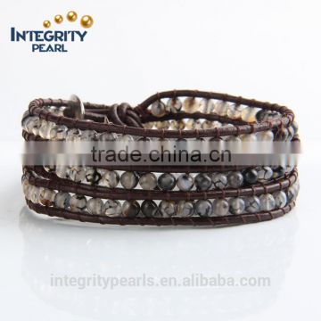 4mm natural agate stone four rows black leather wrap bracelet wholesale