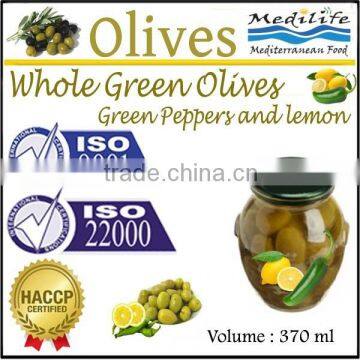 Green Olives with Green Peppers & Lemon, High Quality 100% Tunisian Table Olives,Table Olives with Green Peppers and Lemon, 370