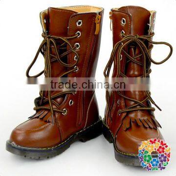 Wholesale Toddler Girls Round Toe Brown Leather Fashion Combat Boots photo-3