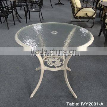 outdoor furniture cast aluminum round table glass tabletop beige white color assembly with umbrella hole #IVY2001-A