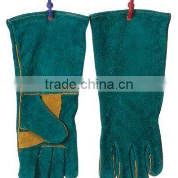 Long cuff green cow split leather welding glove